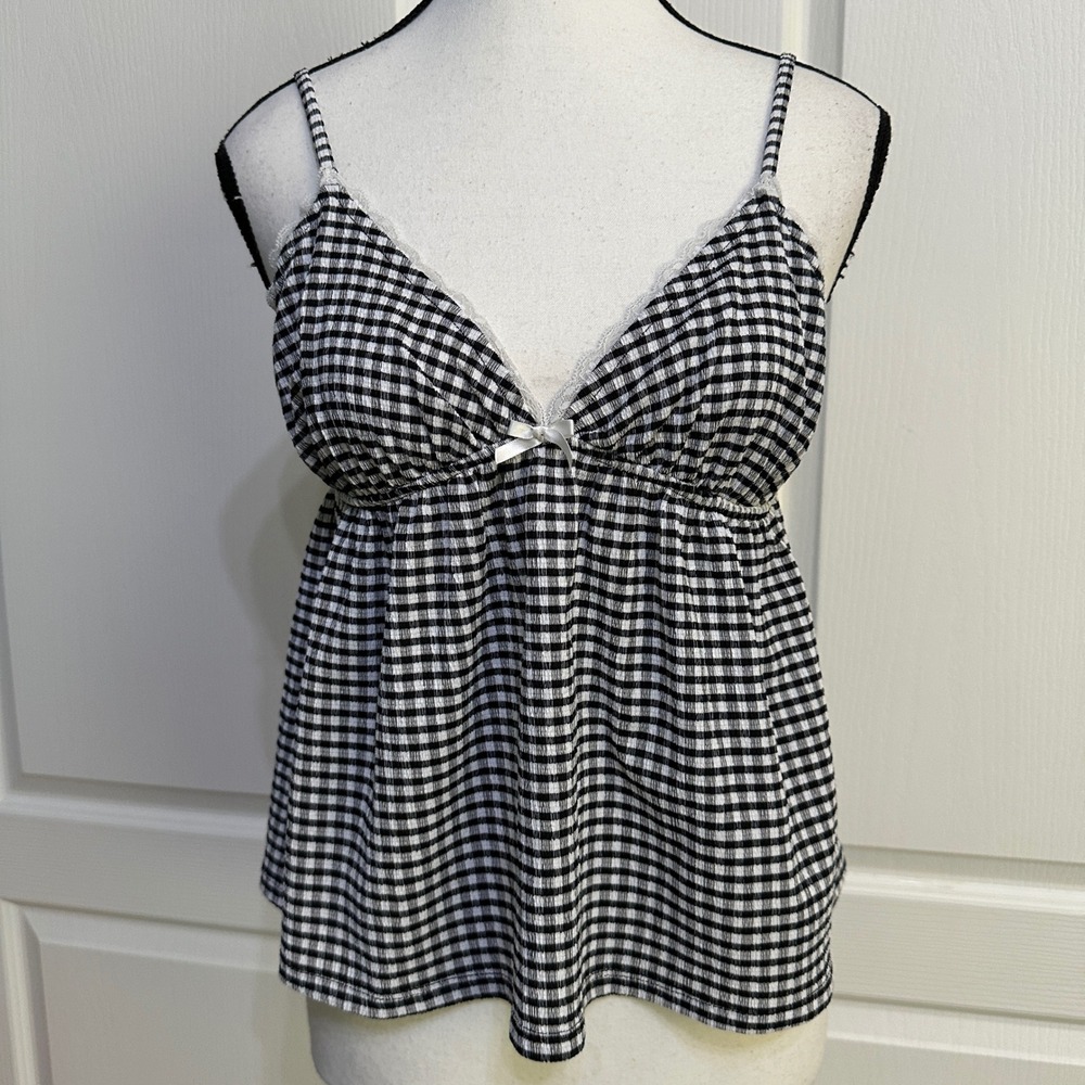 Frankee & Skylarr Gingham Babydoll Camisole Top S‎ Black White Lace Bow Coquette